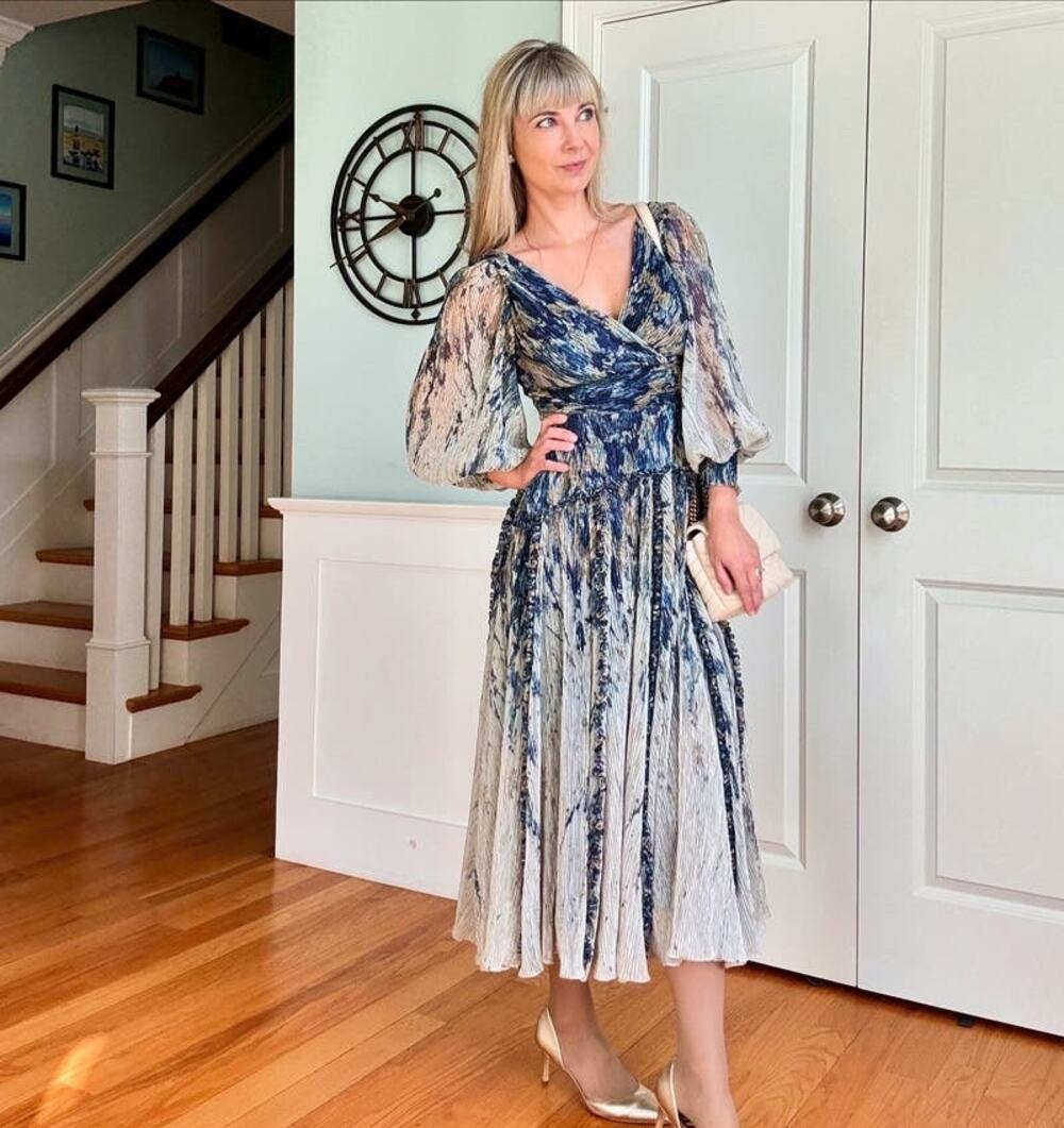 RENE RUIZ COLLECTION Blue Gold Swirled Floral Flowing Tiered Boho Maxi Dress 12